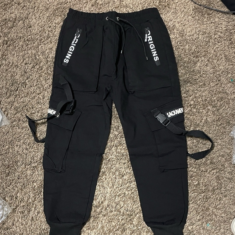 Sacai Black Cargo Joggers with Strap Accents